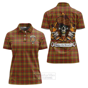 Scrymgeour Tartan Women's Polo Shirt with Family Crest and Bearded Skull Holding Bottles of Whiskey Women - Tartan Vibes Clothing