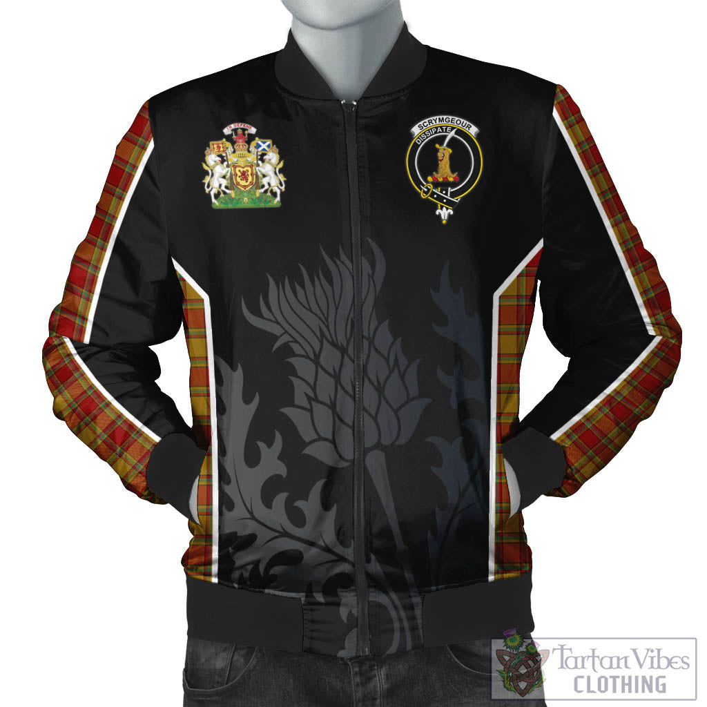 Scrymgeour Tartan Bomber Jacket with Family Crest and Scottish Thistle Vibes Sport Style Unisex Black - Tartan Vibes Clothing