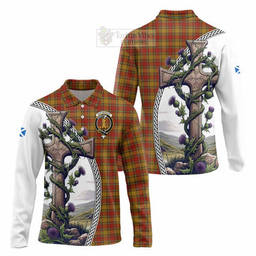 Scrymgeour Tartan Long Sleeve Polo Shirt with Family Crest and St. Andrew's Cross Accented by Thistle Vines Unisex - Tartan Vibes Clothing