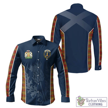 Scrymgeour Tartan Long Sleeve Button Up Shirt with Family Crest and Scottish Thistle Vibes Sport Style