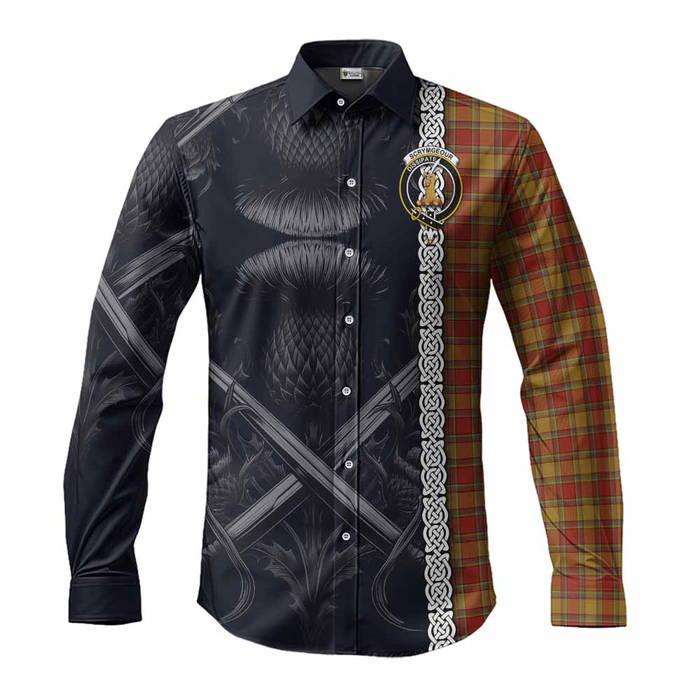 Tartan Vibes Clothing Scrymgeour Tartan Long Sleeve Button Shirt with Family Crest Cross Sword Thistle Celtic Vibes