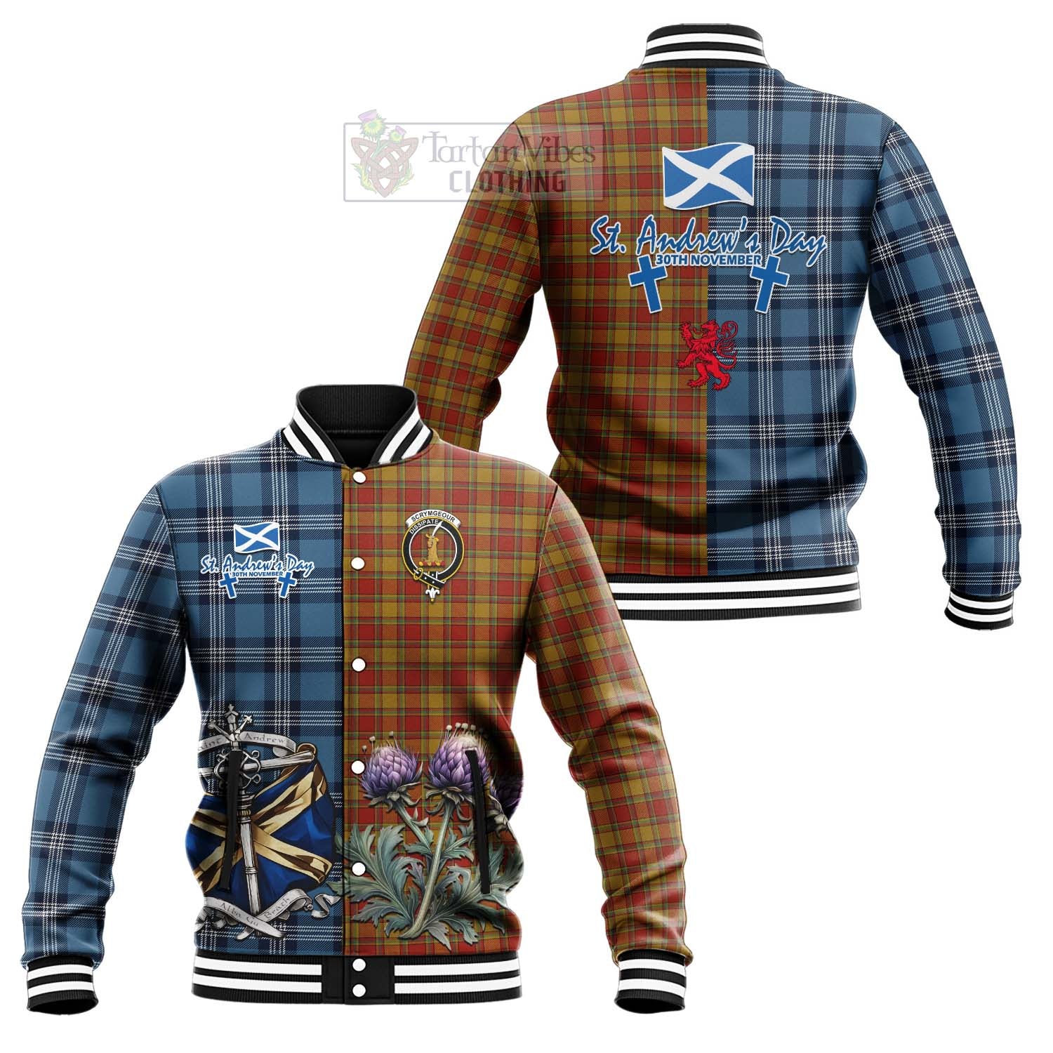 Scrymgeour Tartan Baseball Jacket Happy St. Andrew's Day Half Tartan Style Unisex - Tartan Vibes Clothing