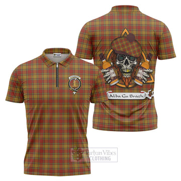 Scrymgeour Tartan Zipper Polo Shirt with Family Crest and Bearded Skull Holding Bottles of Whiskey Unisex - Tartan Vibes Clothing