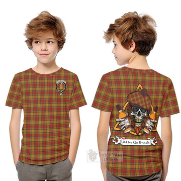 Scrymgeour Tartan Kid T-Shirt with Family Crest and Bearded Skull Holding Bottles of Whiskey Youth XL Size14 - Tartan Vibes Clothing