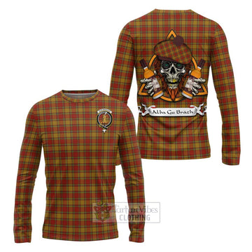 Scrymgeour Tartan Long Sleeve T-Shirt with Family Crest and Bearded Skull Holding Bottles of Whiskey Unisex - Tartan Vibes Clothing