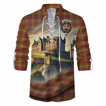 Scrymgeour Tartan Family Crest Ghillie Kilt Shirt with Scottish Ancient Castle Style Men - Tartan Vibes Clothing