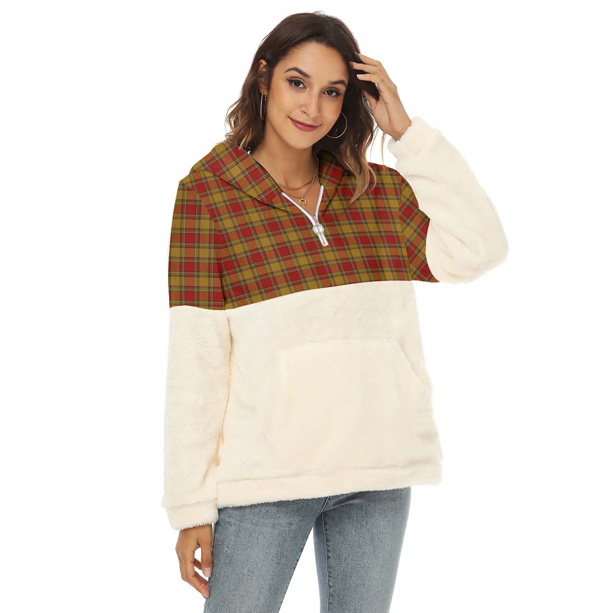 Scrymgeour Tartan Half Style Women's Borg Fleece Hoodie with Half Zip Female - Tartan Vibes Clothing