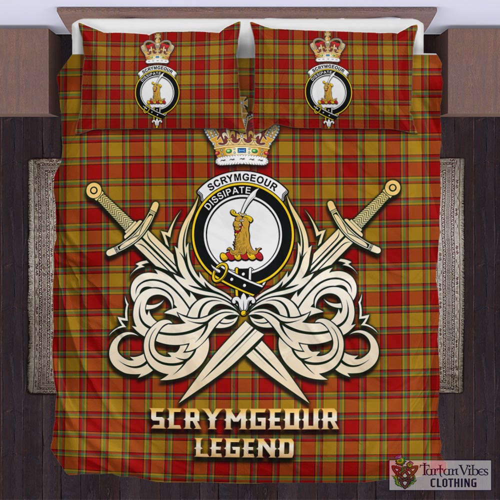 Tartan Vibes Clothing Scrymgeour Tartan Bedding Set with Clan Crest and the Golden Sword of Courageous Legacy