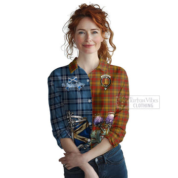 Scrymgeour Tartan Women's Casual Shirt Happy St. Andrew's Day Half Tartan Style Female - Tartan Vibes Clothing