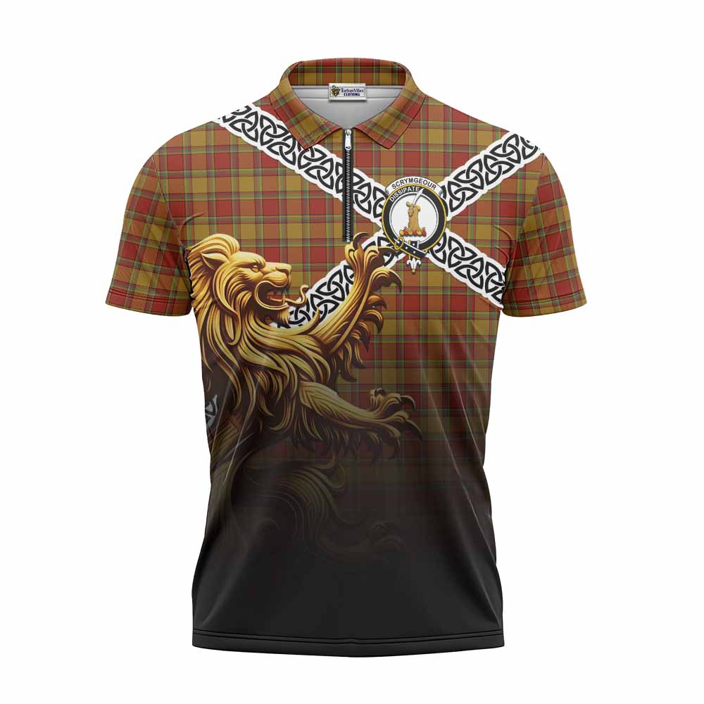 Scrymgeour Crest Tartan Zipper Polo Shirt with Golden Lion Emblem Celtic Style Unisex - Tartan Vibes Clothing