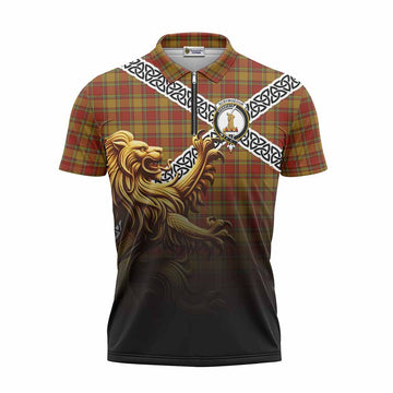 Scrymgeour Crest Tartan Zipper Polo Shirt with Golden Lion Emblem Celtic Style Unisex - Tartan Vibes Clothing