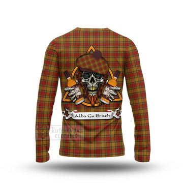 Scrymgeour Tartan Long Sleeve T-Shirt with Family Crest and Bearded Skull Holding Bottles of Whiskey - Tartan Vibes Clothing
