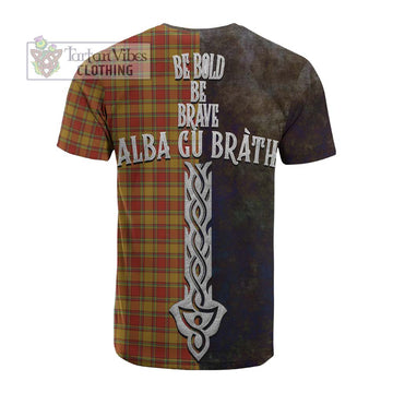 Scrymgeour Tartan Family Crest Cotton T-shirt Alba Gu Brath Be Brave Lion Ancient Style - Tartan Vibes Clothing