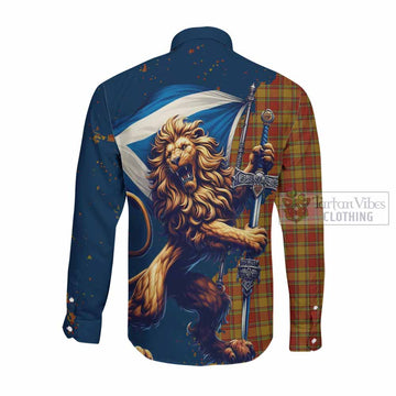 Scrymgeour Tartan Family Crest Long Sleeve Button Shirt with Scottish Majestic Lion Men's Shirt - Tartan Vibes Clothing