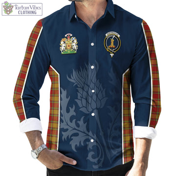 Scrymgeour Tartan Long Sleeve Button Up Shirt with Family Crest and Scottish Thistle Vibes Sport Style