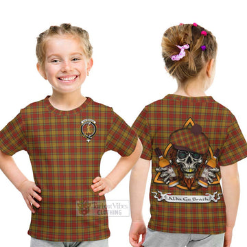 Scrymgeour Tartan Kid T-Shirt with Family Crest and Bearded Skull Holding Bottles of Whiskey - Tartan Vibes Clothing