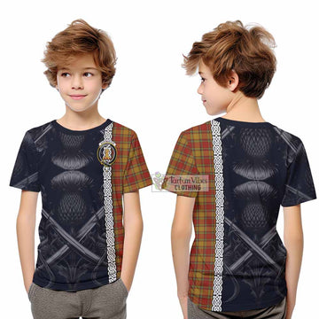 Scrymgeour Tartan Kid T-Shirt with Family Crest Cross Sword Thistle Celtic Vibes - Tartan Vibes Clothing