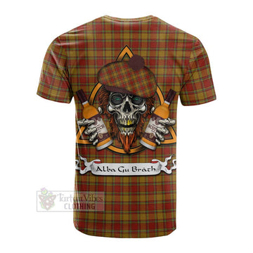 Scrymgeour Tartan Cotton T-shirt with Family Crest and Bearded Skull Holding Bottles of Whiskey - Tartan Vibes Clothing