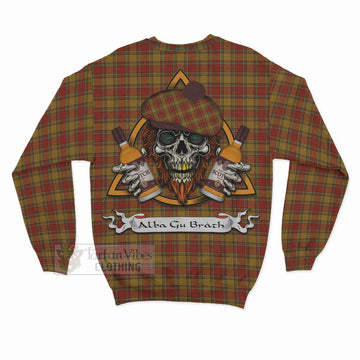 Scrymgeour Tartan Sweatshirt with Family Crest and Bearded Skull Holding Bottles of Whiskey - Tartan Vibes Clothing