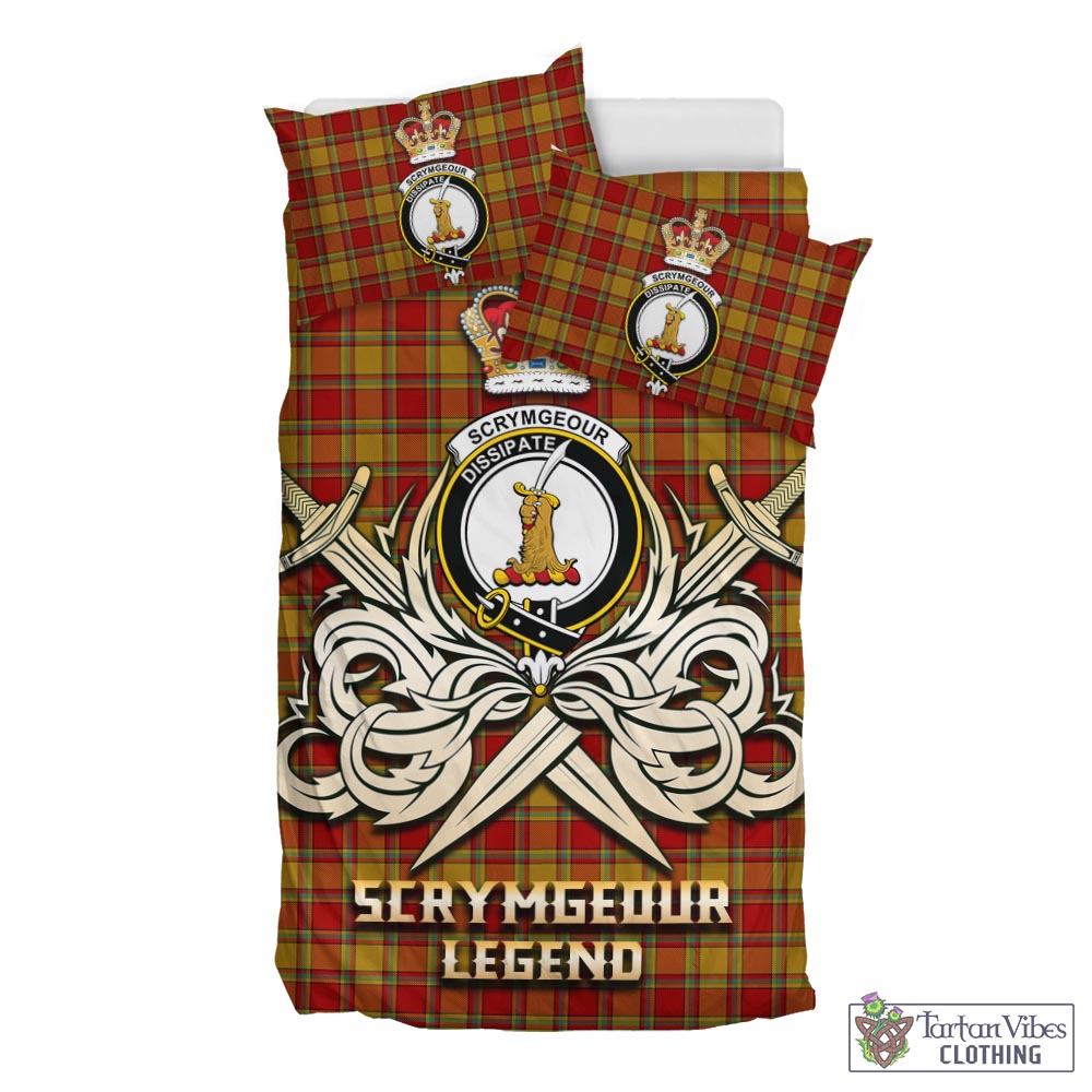 Tartan Vibes Clothing Scrymgeour Tartan Bedding Set with Clan Crest and the Golden Sword of Courageous Legacy