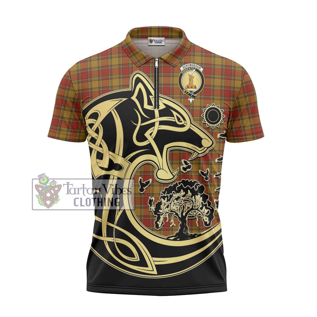 Scrymgeour Tartan Zipper Polo Shirt with Family Crest Celtic Wolf Style - Tartan Vibes Clothing