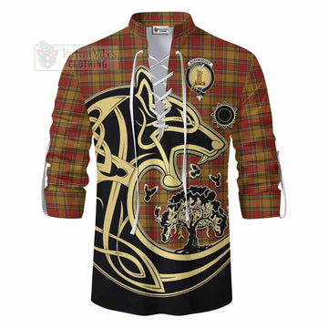 Scrymgeour Tartan Ghillie Kilt Shirt with Family Crest Celtic Wolf Style - Tartan Vibes Clothing