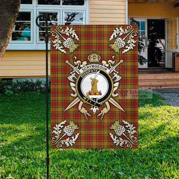 Scrymgeour Tartan Garden Flag with Family Crest and Golden Thistle Crossed Sword Design