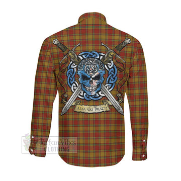 Scrymgeour Tartan Long Sleeve Button Shirt with Family Crest Celtic Skull Style Men's Shirt - Tartan Vibes Clothing