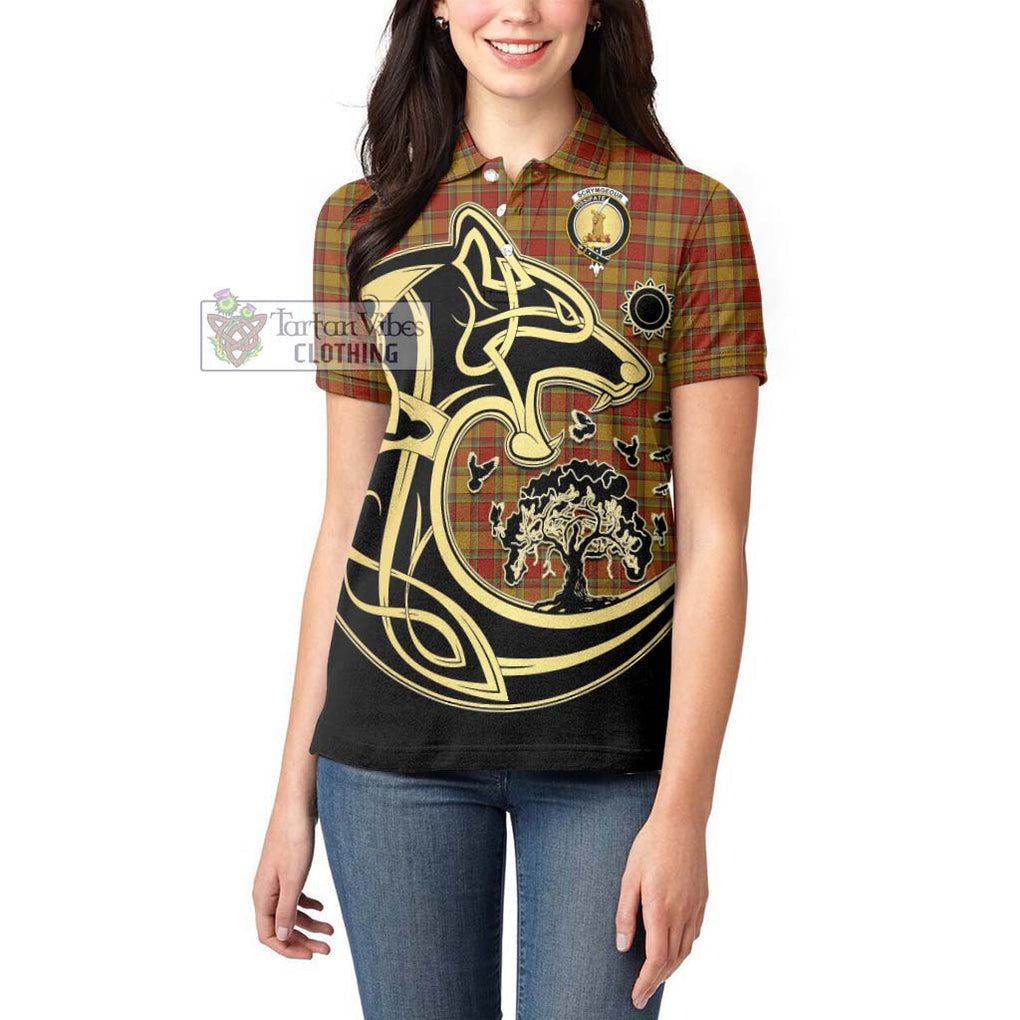 Scrymgeour Tartan Women's Polo Shirt with Family Crest Celtic Wolf Style - Tartan Vibes Clothing