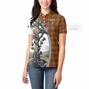 Scrymgeour Tartan Women's Polo Shirt with Family Crest and St. Andrew's Cross Accented by Thistle Vines - Tartan Vibes Clothing