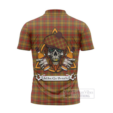 Scrymgeour Tartan Zipper Polo Shirt with Family Crest and Bearded Skull Holding Bottles of Whiskey - Tartan Vibes Clothing