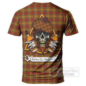 Scrymgeour Tartan T-Shirt with Family Crest and Bearded Skull Holding Bottles of Whiskey - Tartan Vibes Clothing