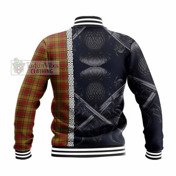 Scrymgeour Tartan Baseball Jacket with Family Crest Cross Sword Thistle Celtic Vibes - Tartan Vibes Clothing