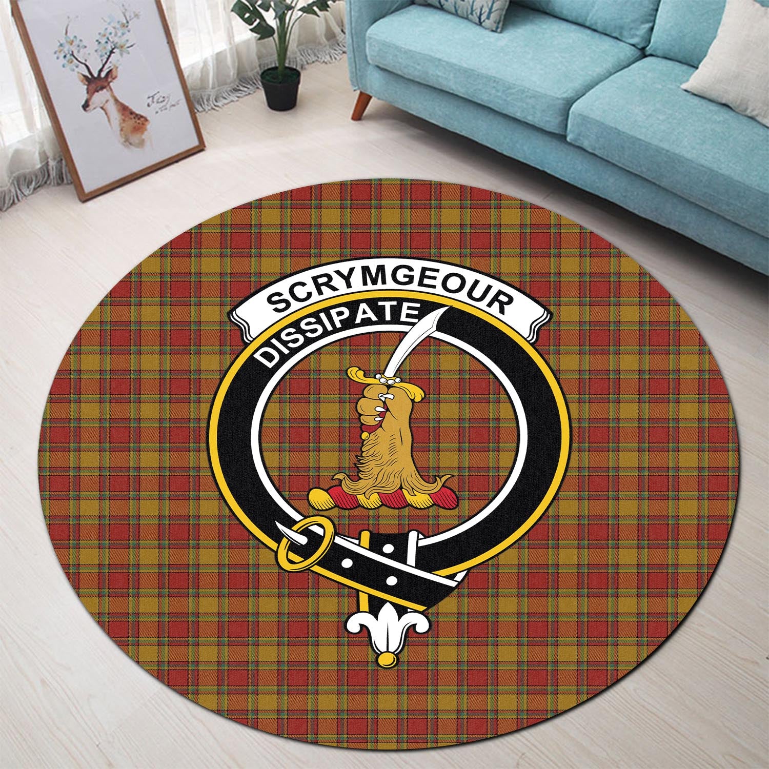 Scrymgeour Tartan Round Rug with Family Crest - Tartan Vibes Clothing