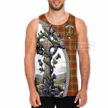 Scrymgeour Tartan Men's Tank Top with Family Crest and St. Andrew's Cross Accented by Thistle Vines - Tartan Vibes Clothing