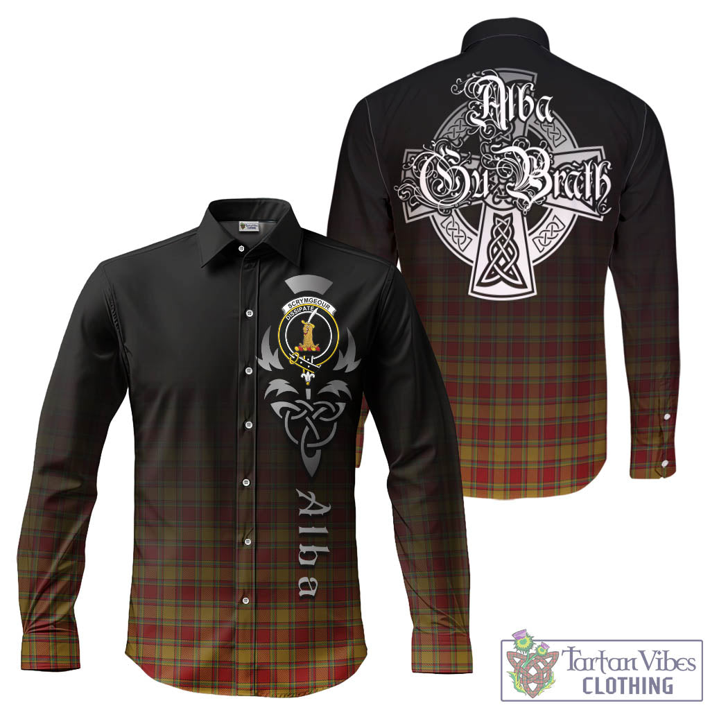 Tartan Vibes Clothing Scrymgeour Tartan Long Sleeve Button Up Featuring Alba Gu Brath Family Crest Celtic Inspired