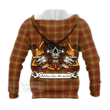 Scrymgeour Tartan Knitted Hoodie with Family Crest and Bearded Skull Holding Bottles of Whiskey - Tartan Vibes Clothing