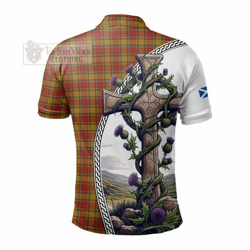 Scrymgeour Tartan Polo Shirt with Family Crest and St. Andrew's Cross Accented by Thistle Vines - Tartan Vibes Clothing