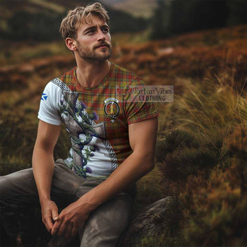 Scrymgeour Tartan T-Shirt with Family Crest and St. Andrew's Cross Accented by Thistle Vines - Tartan Vibes Clothing
