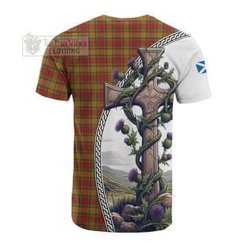 Scrymgeour Tartan Cotton T-shirt with Family Crest and St. Andrew's Cross Accented by Thistle Vines - Tartan Vibes Clothing