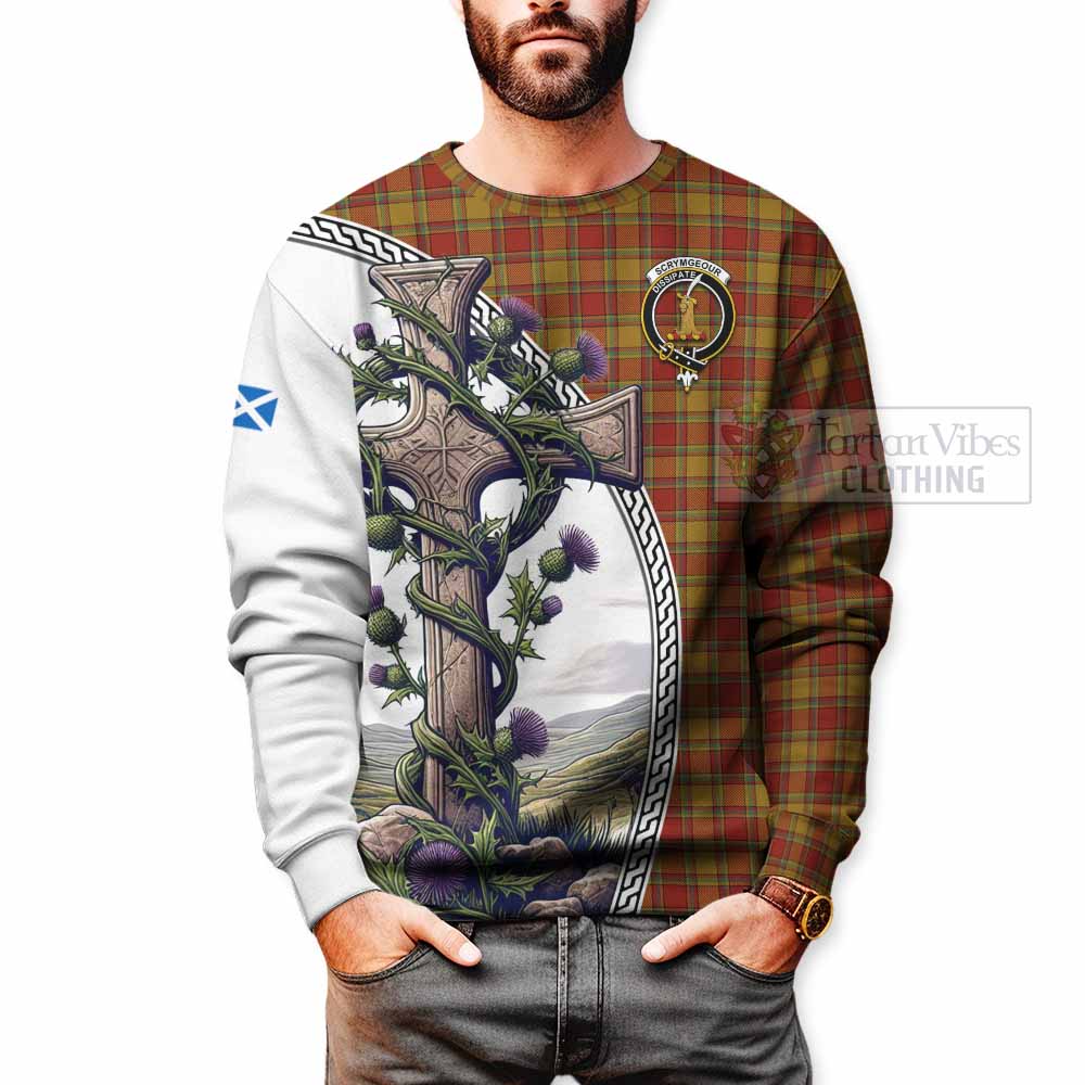 Scrymgeour Tartan Sweatshirt with Family Crest and St. Andrew's Cross Accented by Thistle Vines - Tartan Vibes Clothing
