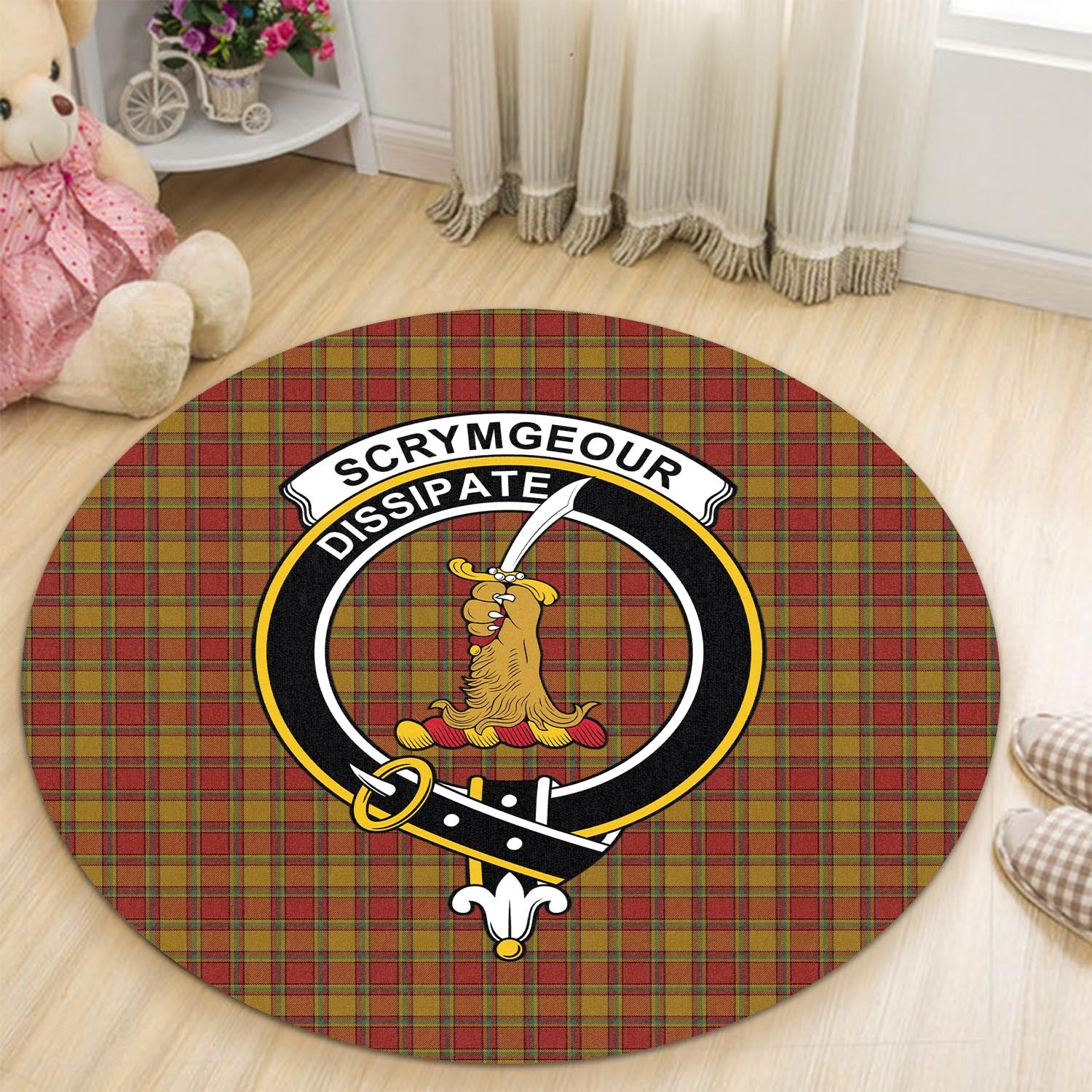 Scrymgeour Tartan Round Rug with Family Crest - Tartan Vibes Clothing