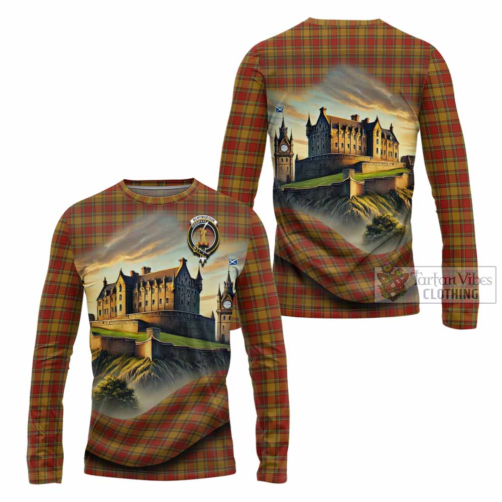 Scrymgeour Tartan Family Crest Long Sleeve T-Shirt with Scottish Ancient Castle Style - Tartan Vibes Clothing