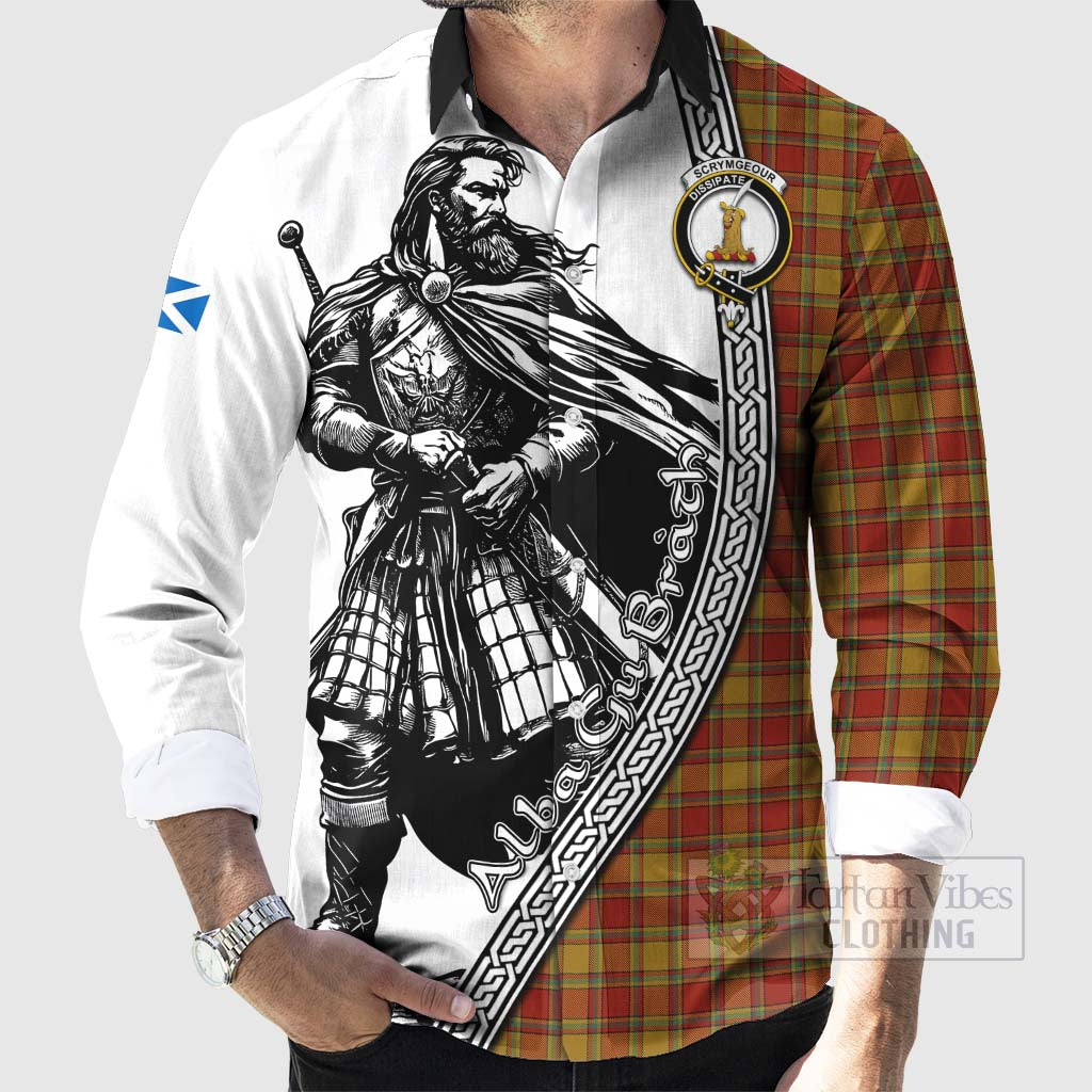 Scrymgeour Tartan Clan Crest Long Sleeve Button Shirt with Highlander Warrior Celtic Style - Tartan Vibes Clothing