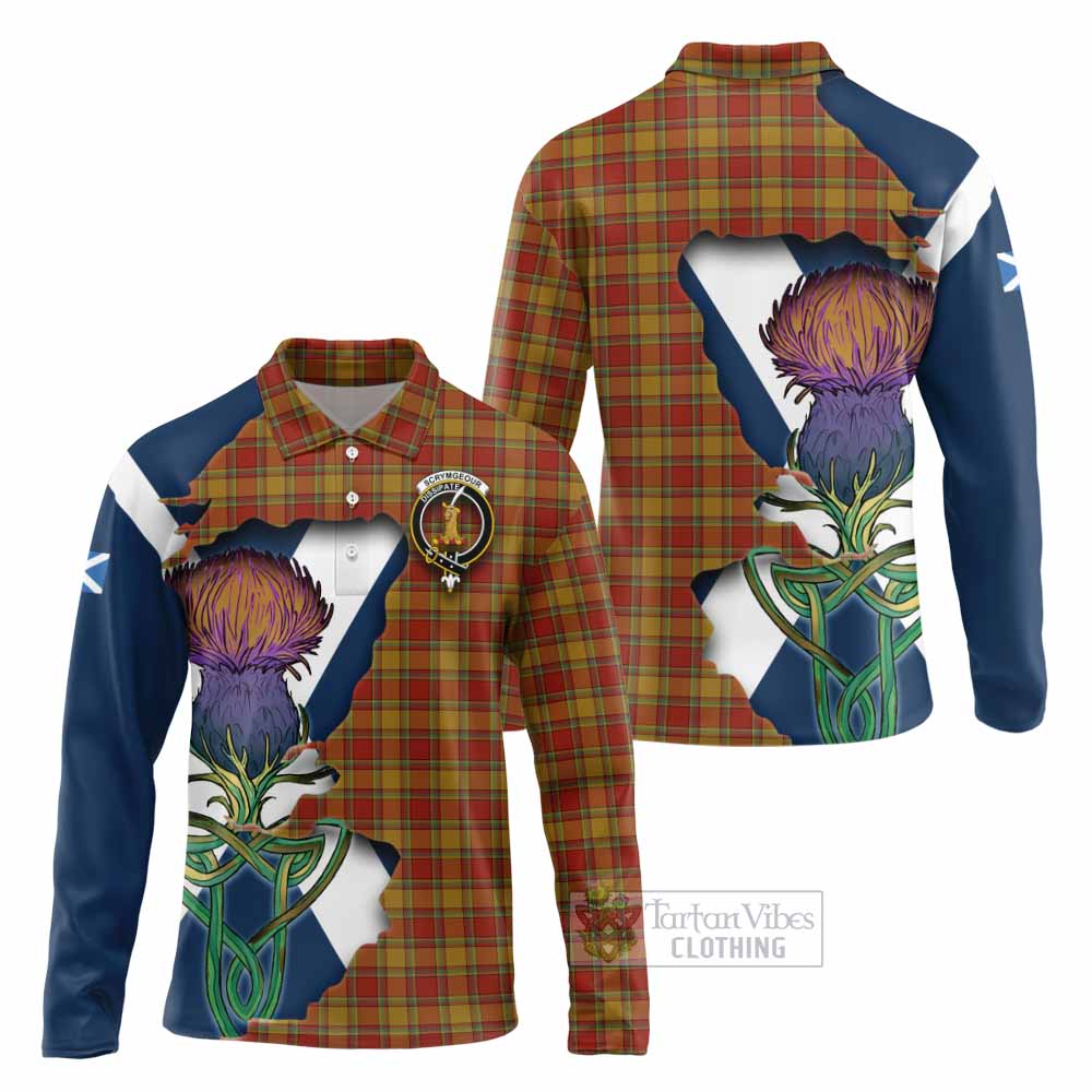 Tartan Vibes Clothing Scrymgeour Tartan Family Crest Long Sleeve Polo Shirt Scottish Thistle Celtic Inspired