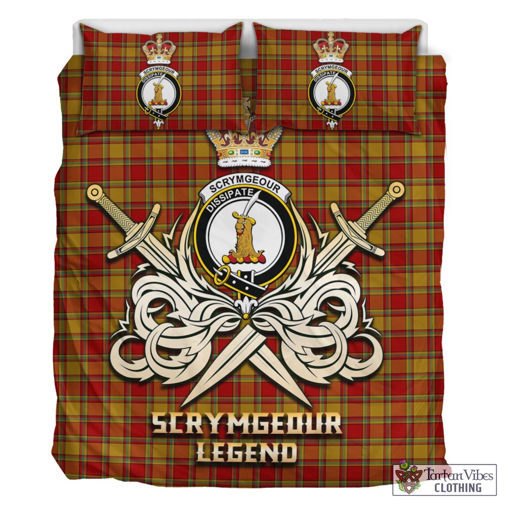 Tartan Vibes Clothing Scrymgeour Tartan Bedding Set with Clan Crest and the Golden Sword of Courageous Legacy