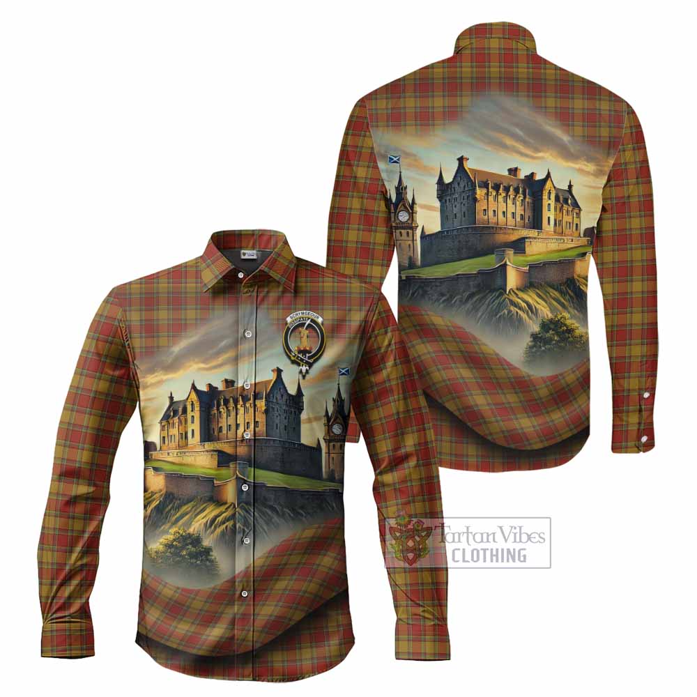 Tartan Vibes Clothing Scrymgeour Tartan Family Crest Long Sleeve Button Shirt with Scottish Ancient Castle Style