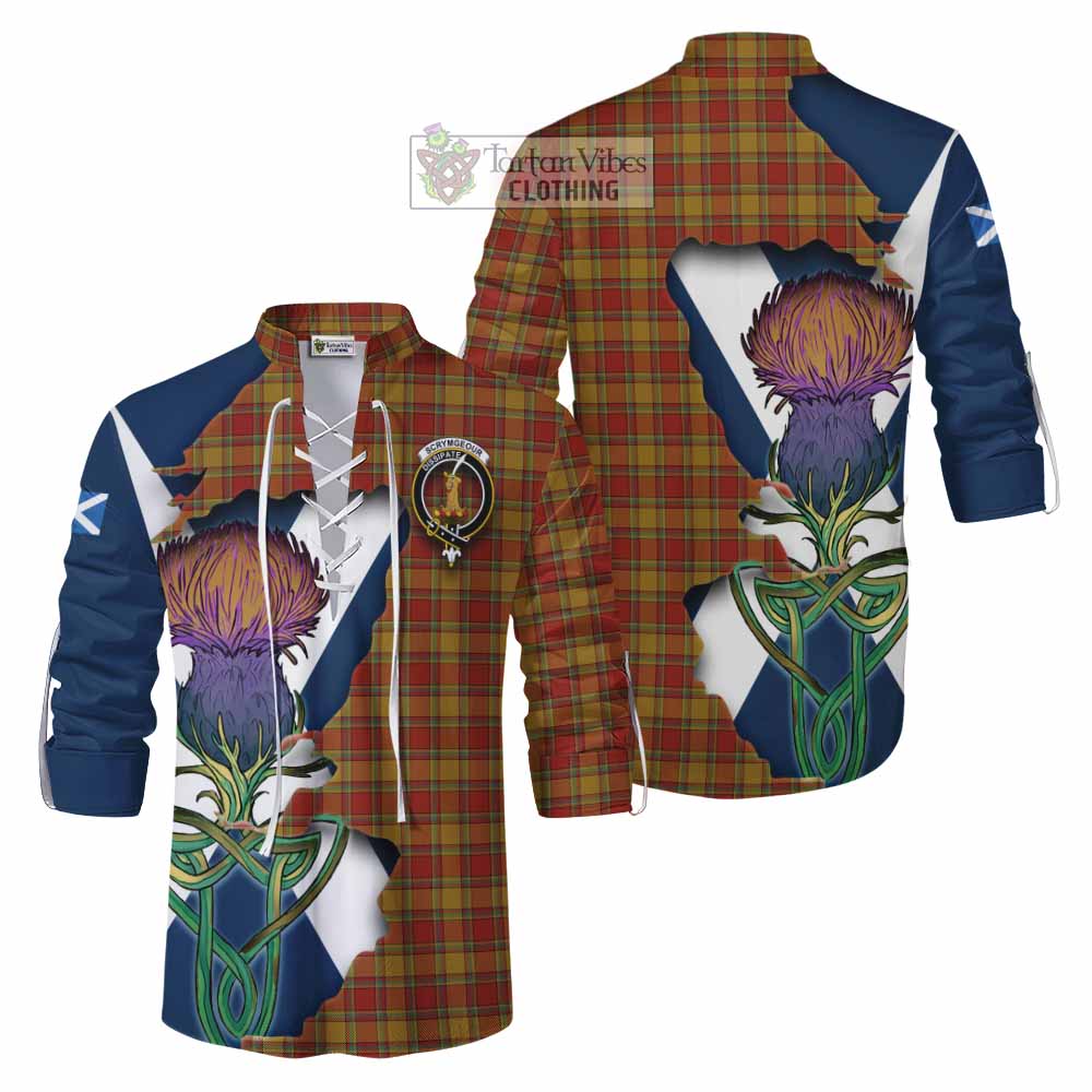 Tartan Vibes Clothing Scrymgeour Tartan Family Crest Ghillie Kilt Shirt Scottish Thistle Celtic Inspired