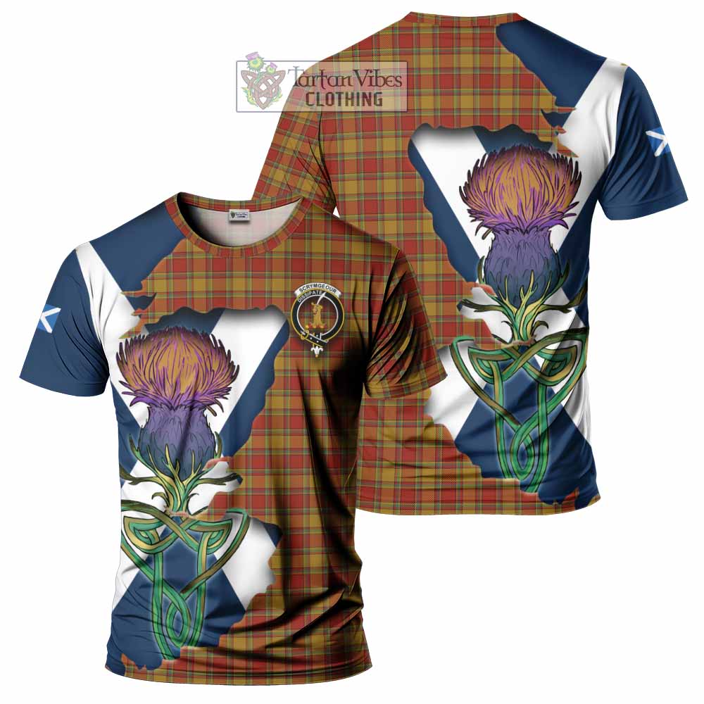 Tartan Vibes Clothing Scrymgeour Tartan Family Crest T-Shirt Scottish Thistle Celtic Inspired
