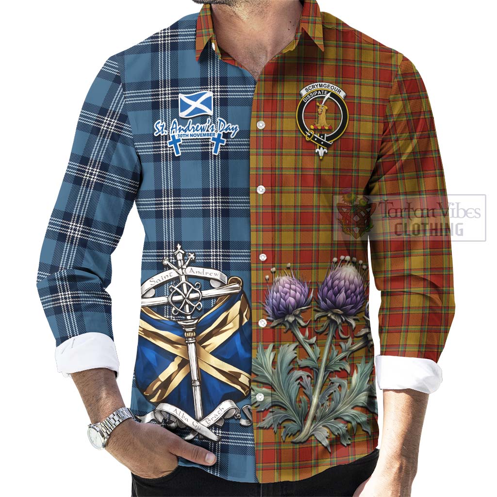 Scrymgeour Tartan Long Sleeve Button Shirt Happy St. Andrew's Day Half Tartan Style - Tartan Vibes Clothing